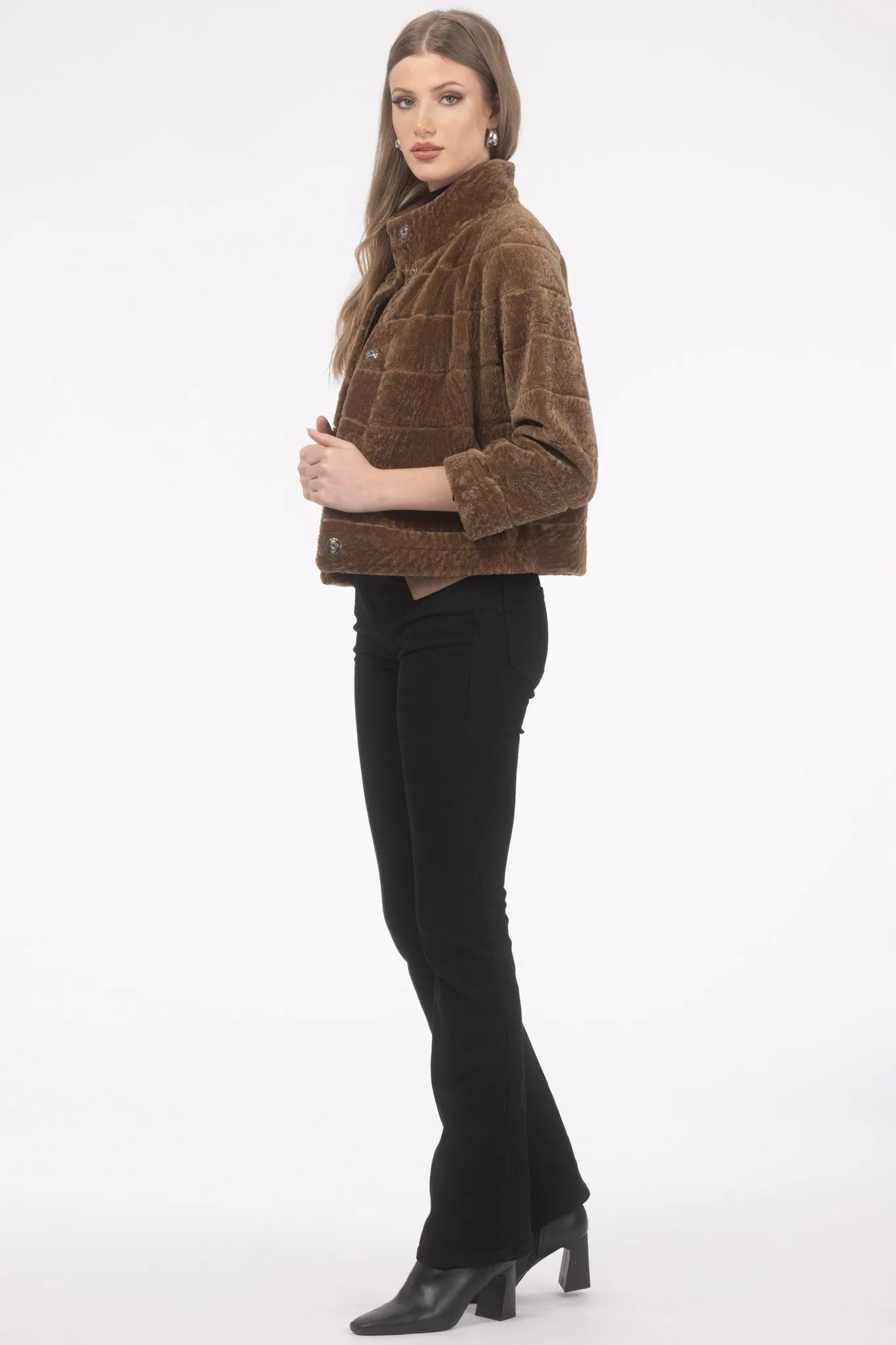 Reversible Textured Shearling Lamb Jacket with Cropped Sleeves