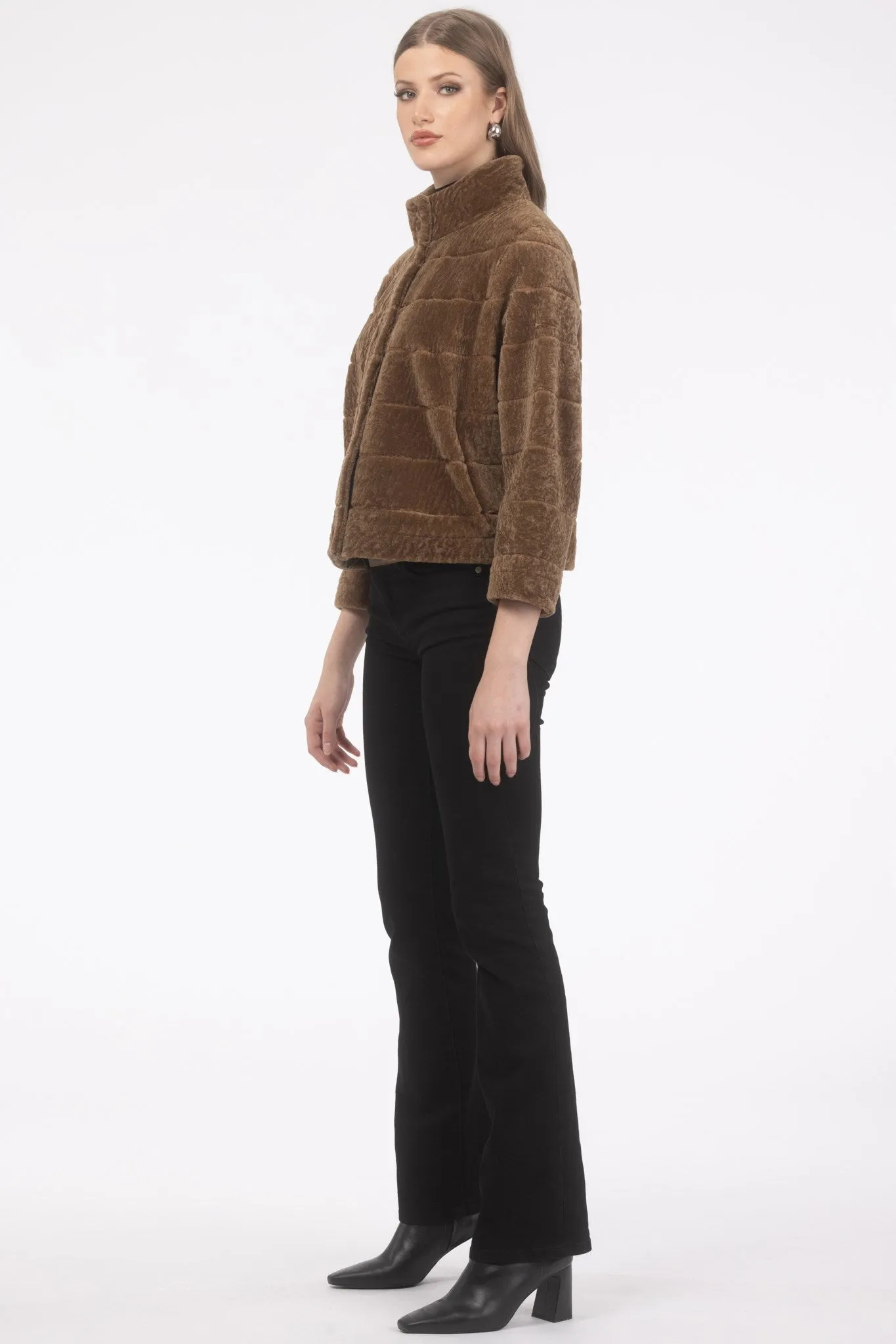 Reversible Textured Shearling Lamb Jacket with Cropped Sleeves