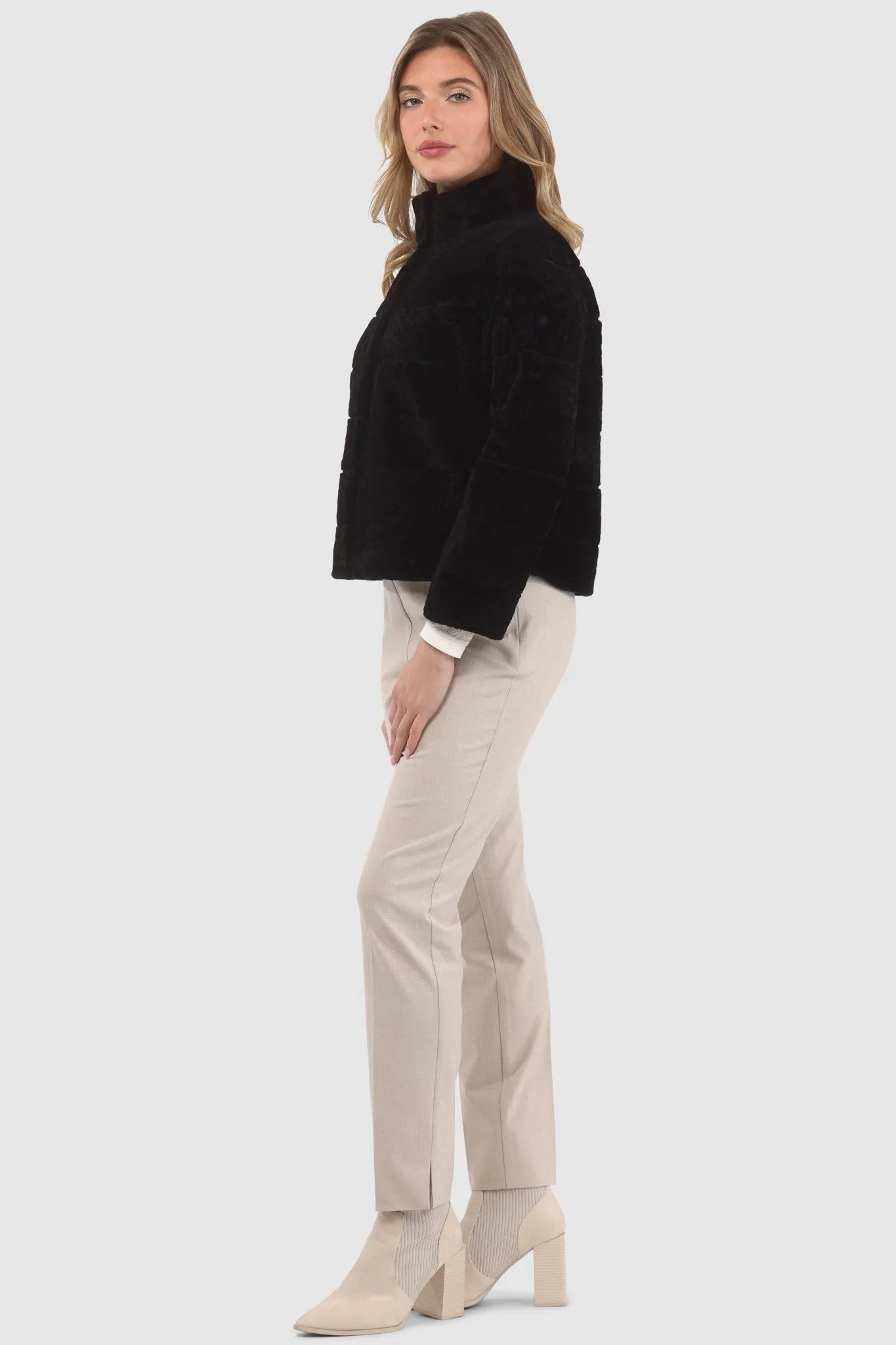 Reversible Textured Shearling Lamb Jacket with Cropped Sleeves