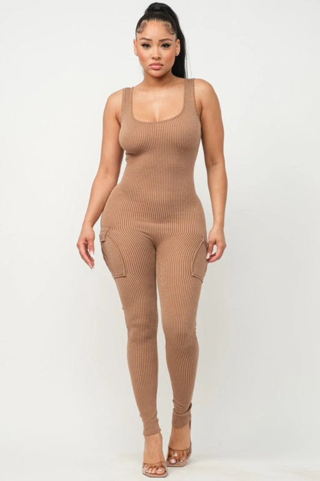 Rib Strap Season Jumpsuit-mocha