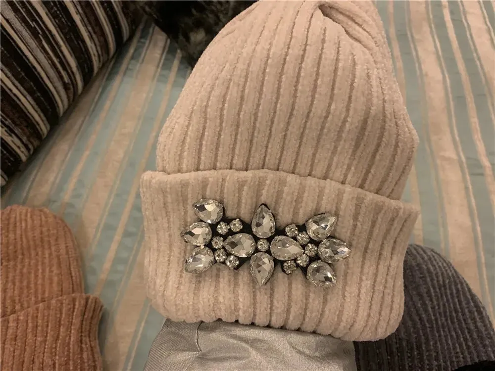 Ribbed Beanie with Crystal Brooch