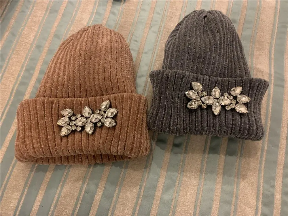 Ribbed Beanie with Crystal Brooch