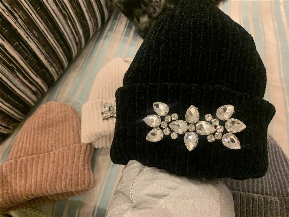 Ribbed Beanie with Crystal Brooch