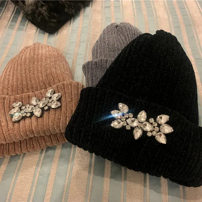 Ribbed Beanie with Crystal Brooch