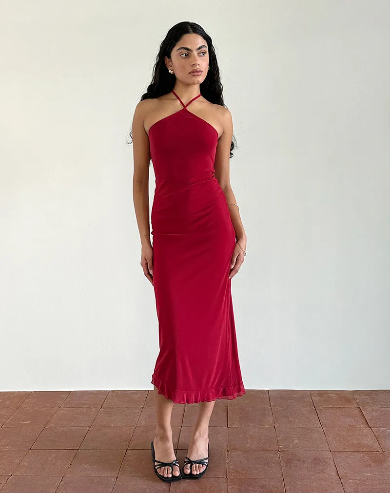 Ribka Halterneck Midi Dress in Mesh Cherry