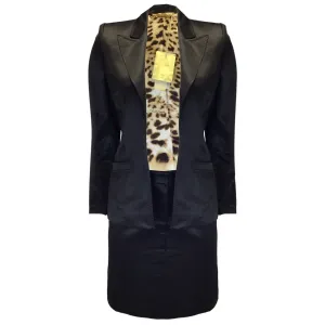 Roberto Cavalli Black / Tan Leopard Print Lined Satin Jacket and Skirt Set