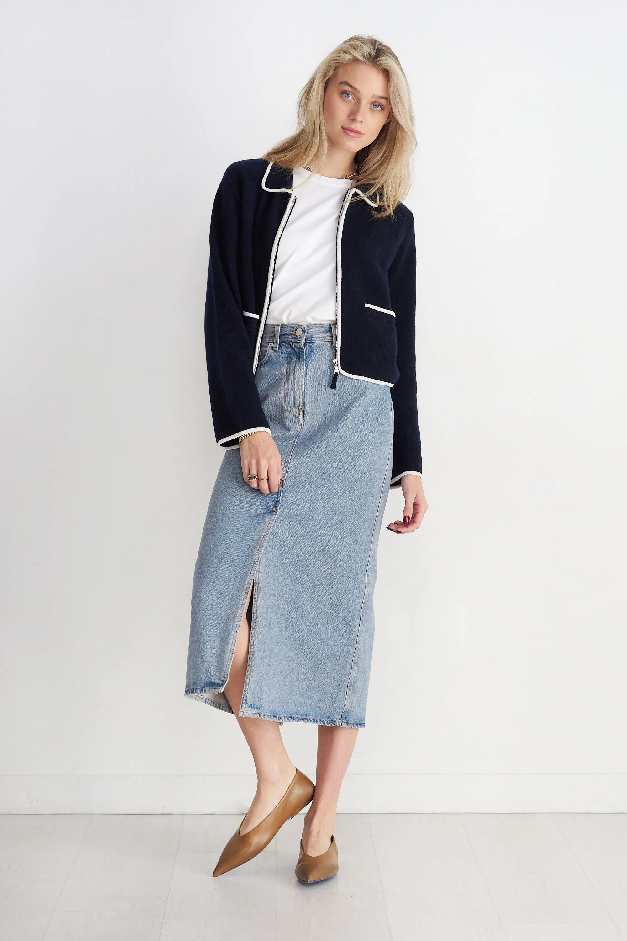 Rona Long Denim Skirt, Washed Light Blue