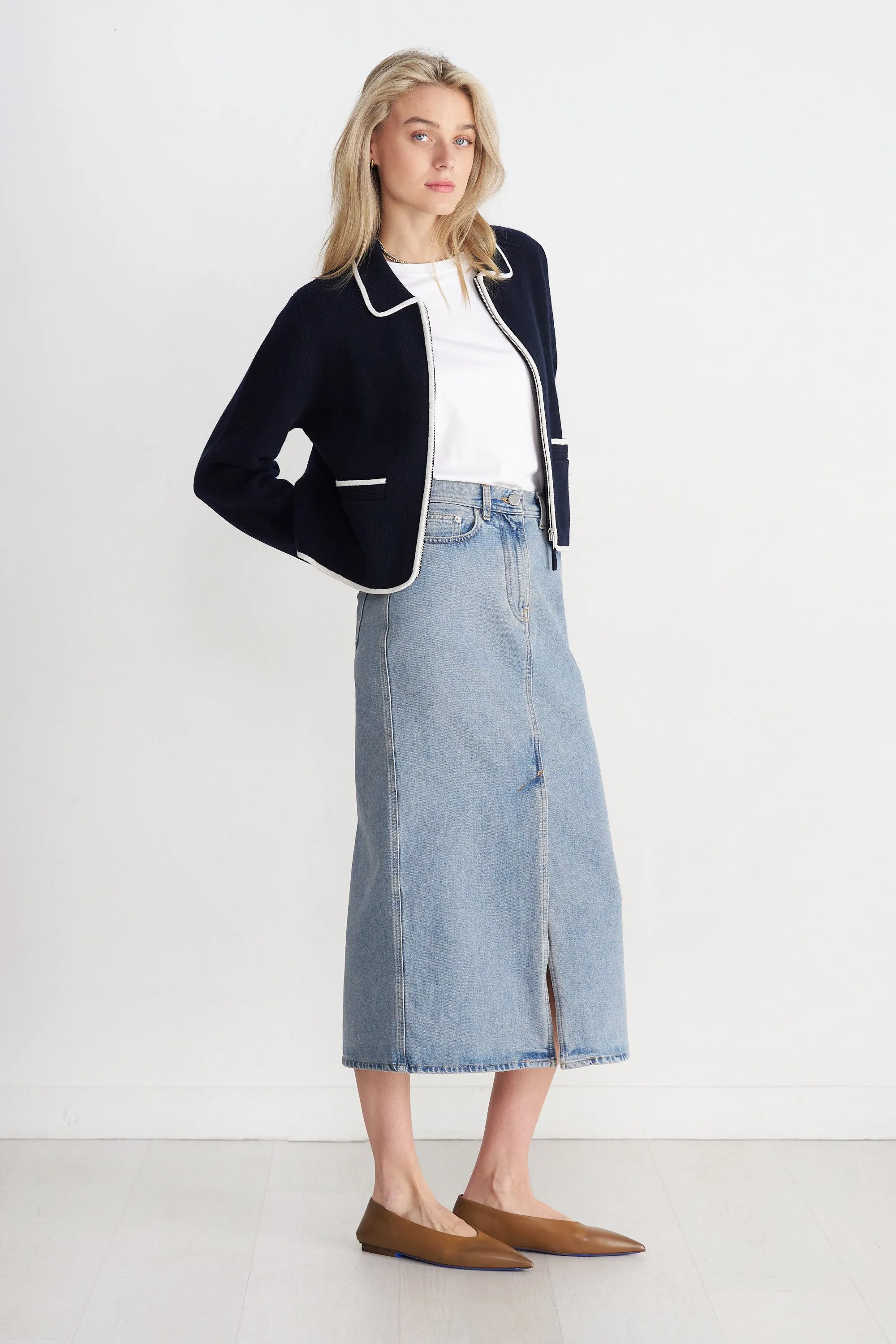 Rona Long Denim Skirt, Washed Light Blue