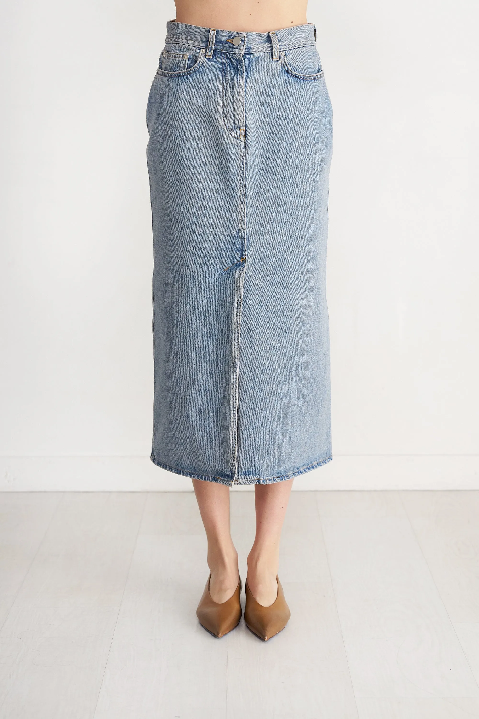 Rona Long Denim Skirt, Washed Light Blue