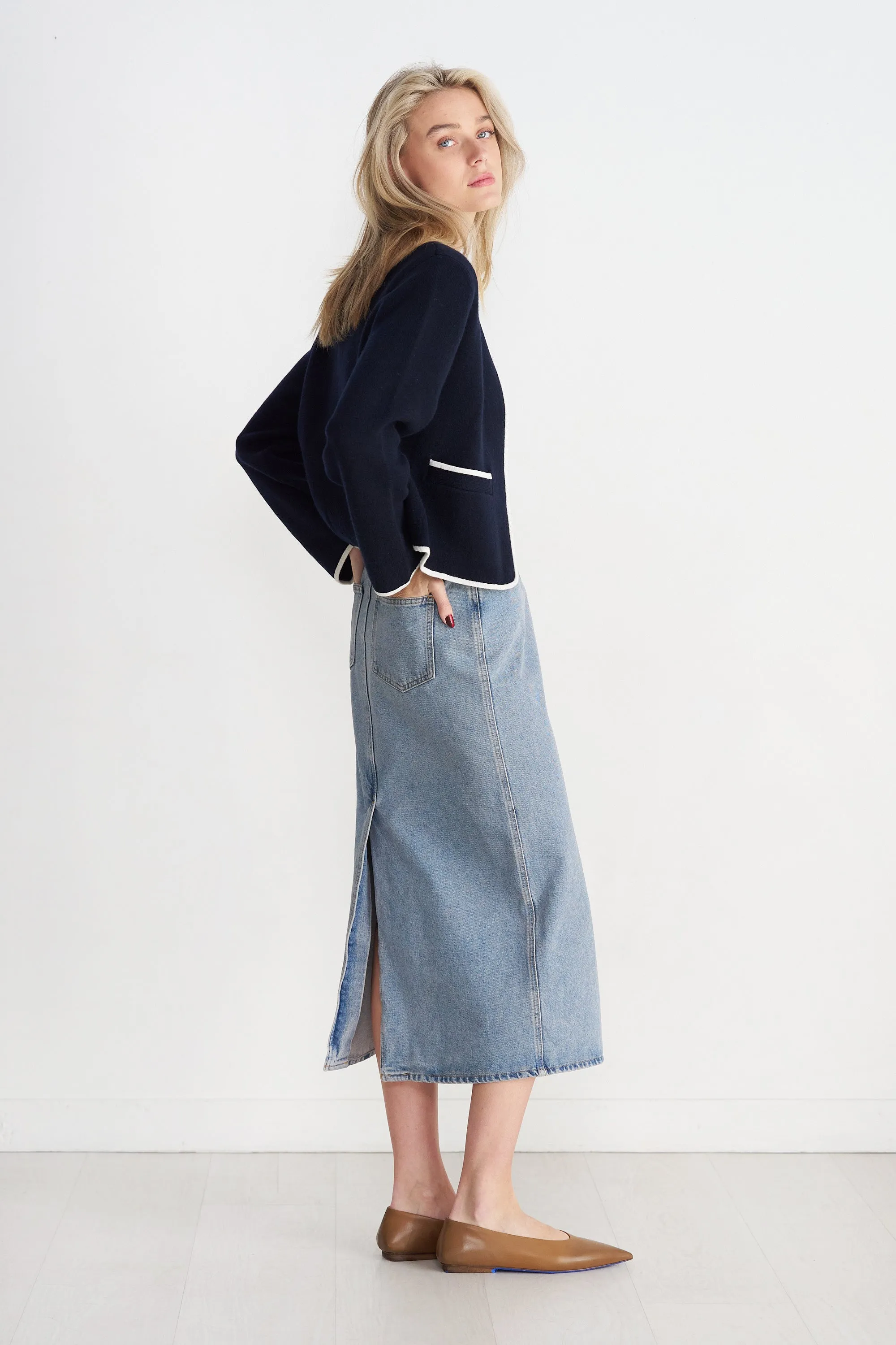 Rona Long Denim Skirt, Washed Light Blue