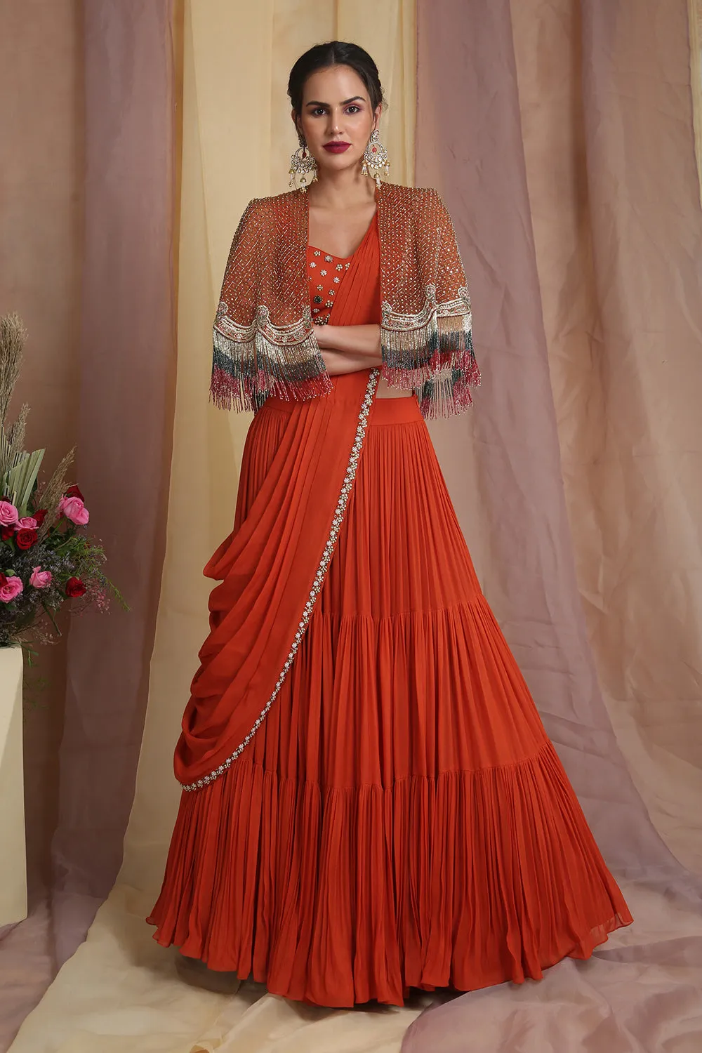 Rust Cape Drape Lehenga Saree