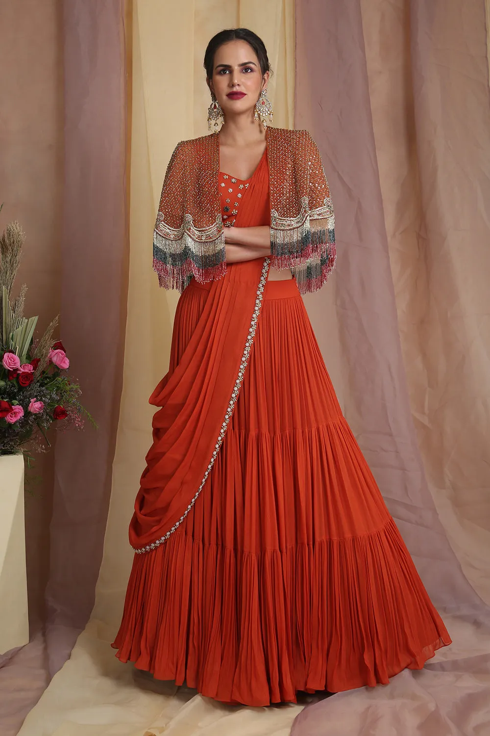 Rust Cape Drape Lehenga Saree