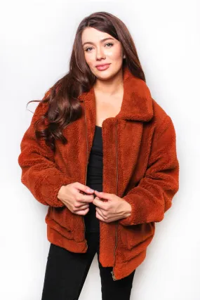 Rust Long Sleeve Fuzzy Double Pocket Jacket