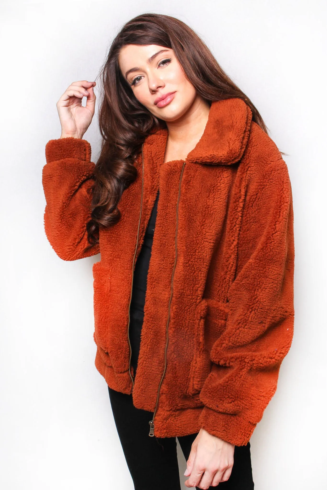 Rust Long Sleeve Fuzzy Double Pocket Jacket