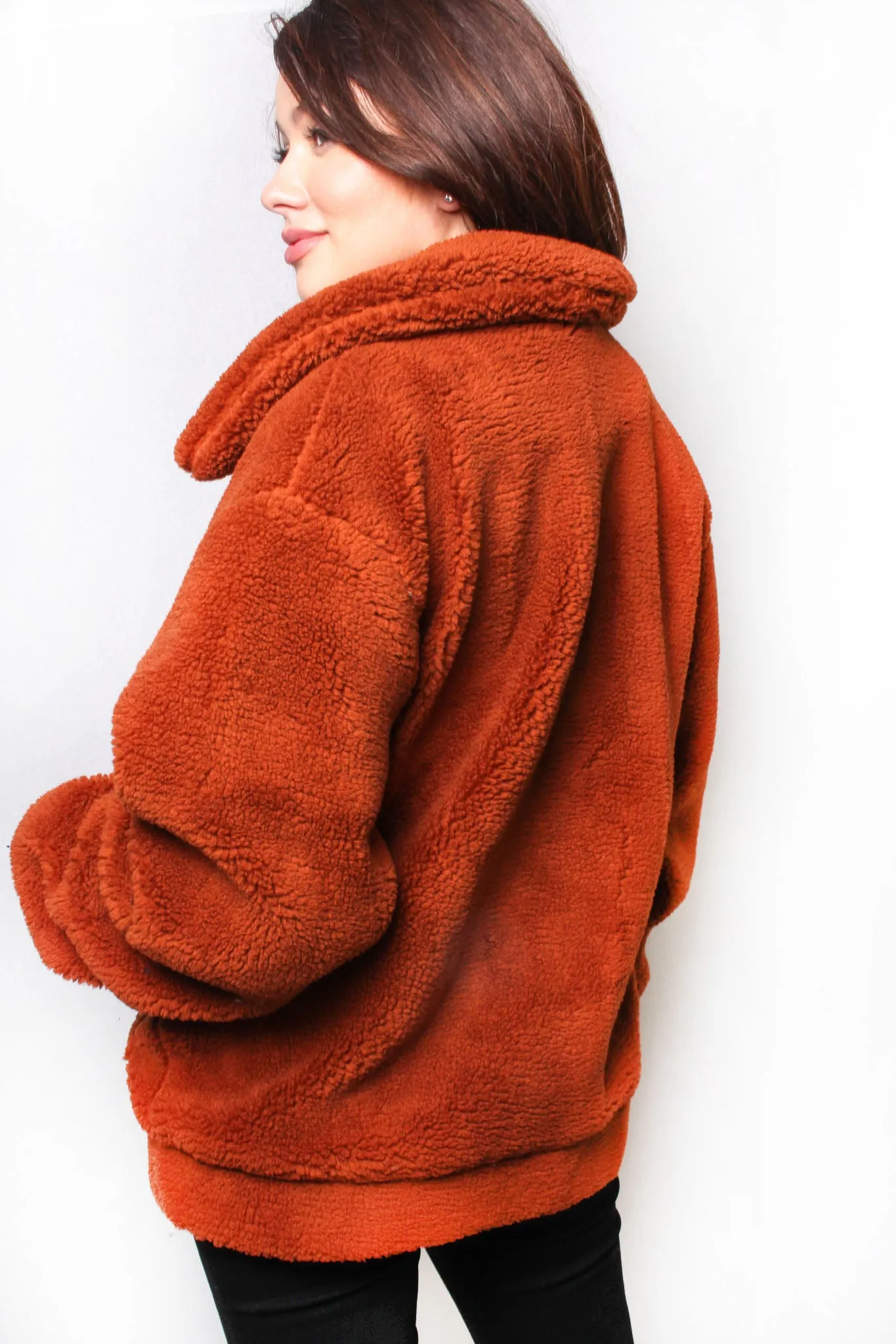 Rust Long Sleeve Fuzzy Double Pocket Jacket