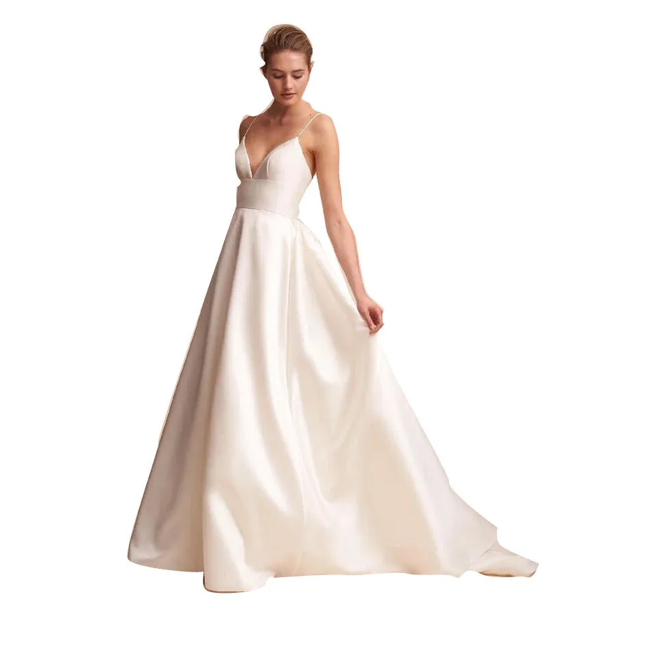 sd-hk White Slip Wedding Dress V Neck Floor-length Wedding Dress