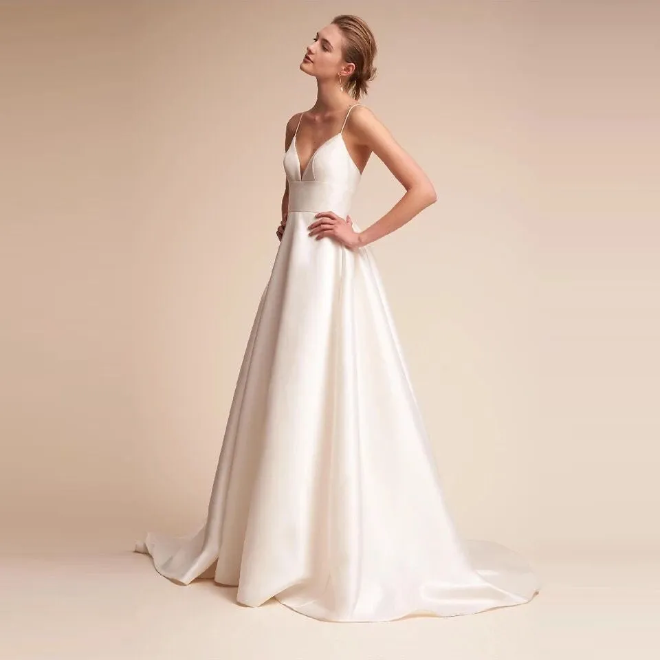 sd-hk White Slip Wedding Dress V Neck Floor-length Wedding Dress