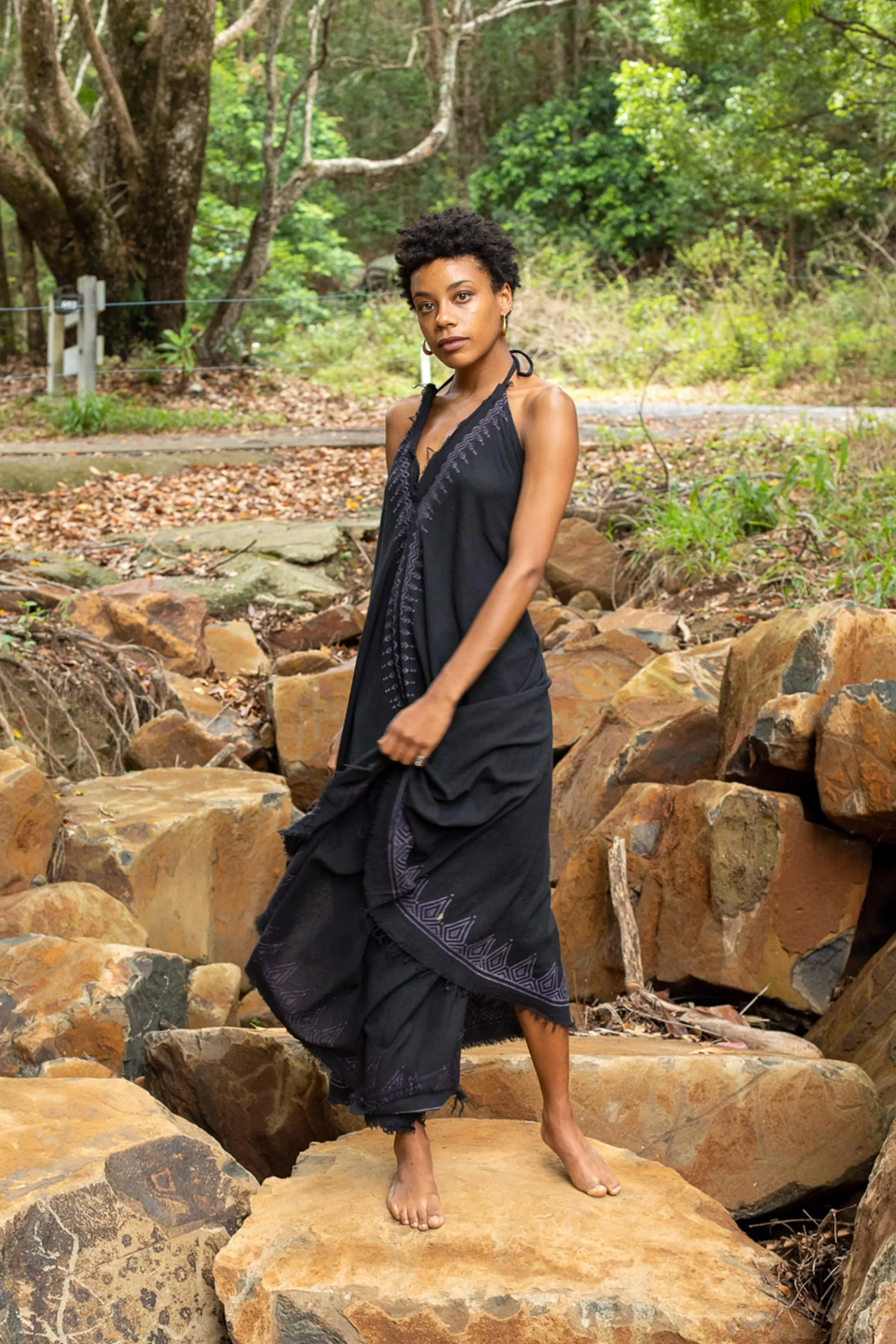 SELENA Long Dress Goddess Black Raven Maxi Open Back Cotton Festival Boho Naturally Dyed Block Printed Tribal Hippie Patterns Earthy AJJAYA