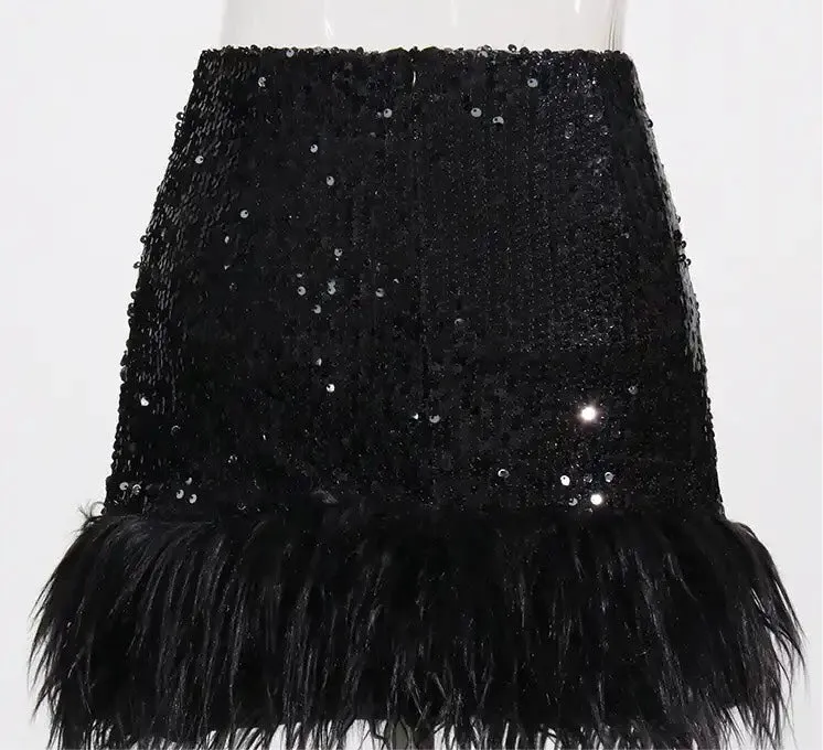 Sequins Fur Feathers Mini Skirt