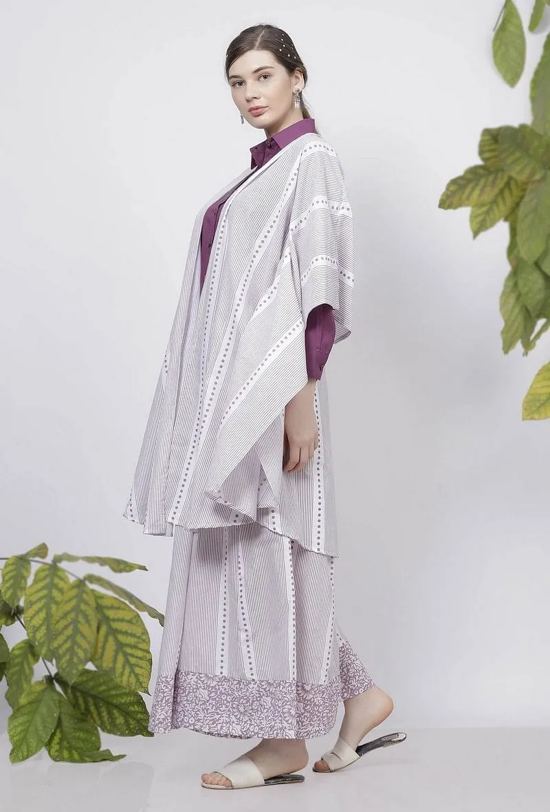 Set of 2: Lilac Hand-Block Printed Kaftan Styled Cotton Cape and Stripes Handblock Printed Flared Palazzo