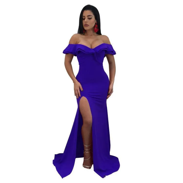 Sexy Off Shoulder Side Split Bodycon Party Maxi Dress