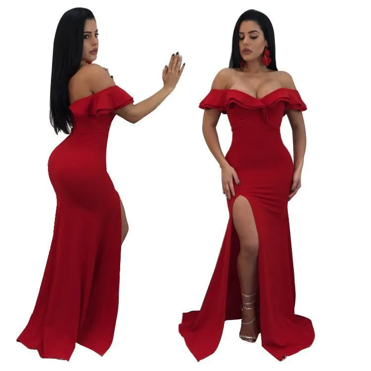 Sexy Off Shoulder Side Split Bodycon Party Maxi Dress