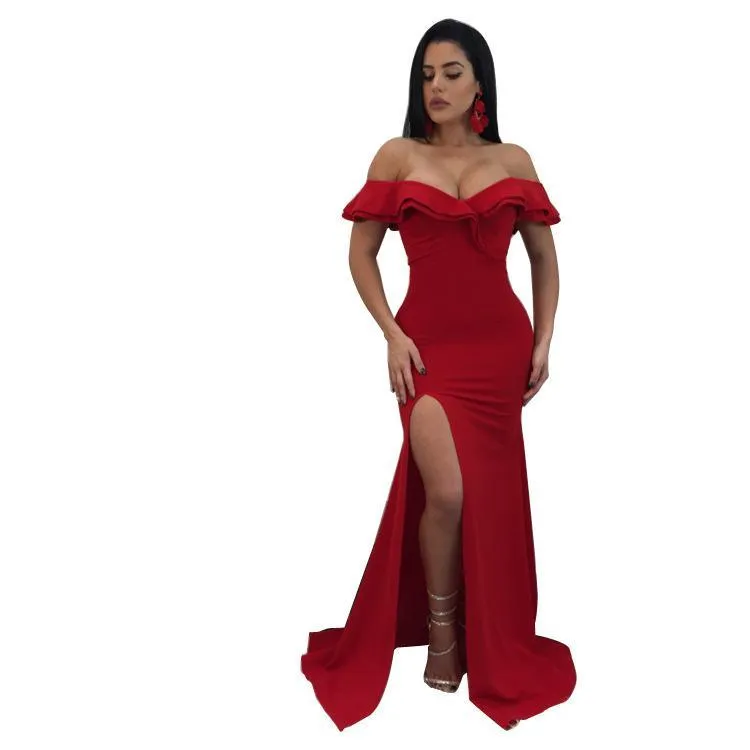 Sexy Off Shoulder Side Split Bodycon Party Maxi Dress