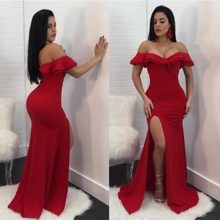 Sexy Off Shoulder Side Split Bodycon Party Maxi Dress