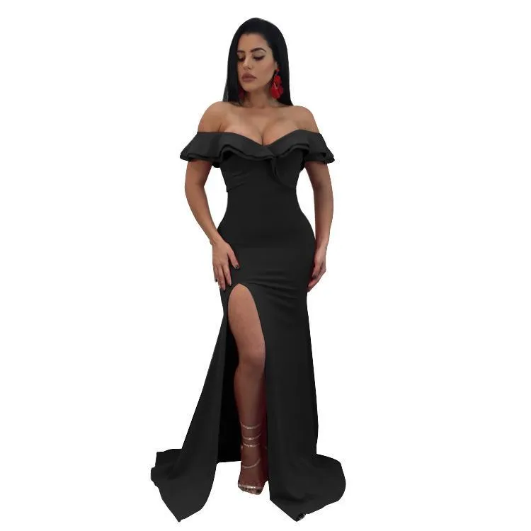 Sexy Off Shoulder Side Split Bodycon Party Maxi Dress