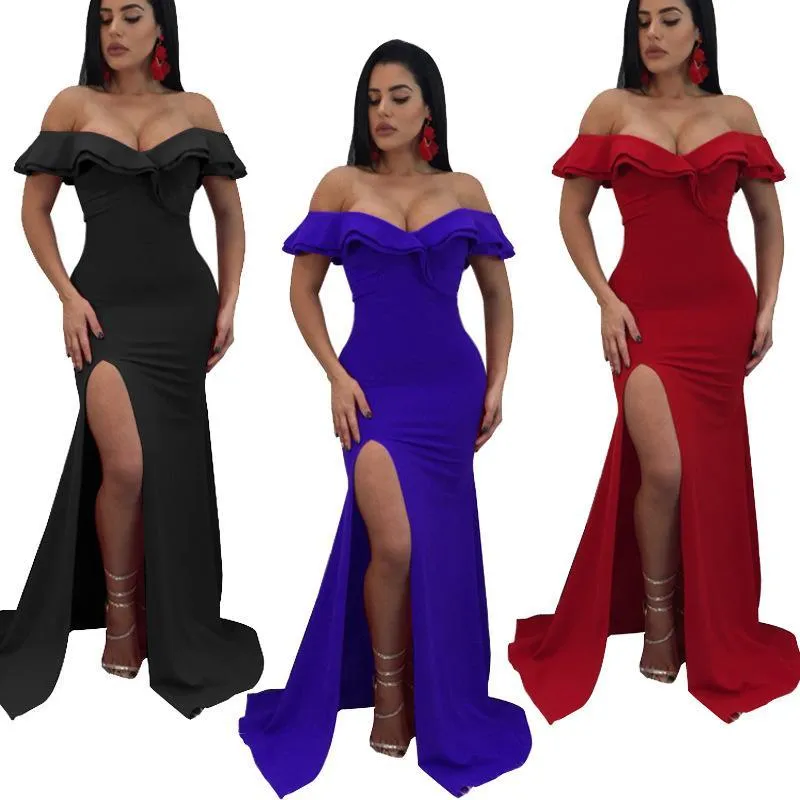 Sexy Off Shoulder Side Split Bodycon Party Maxi Dress