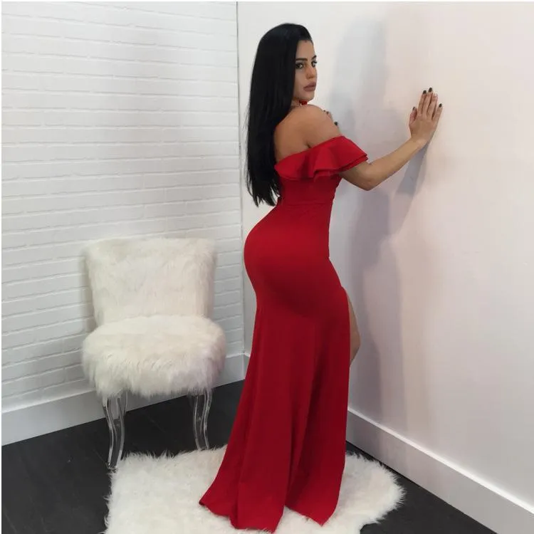 Sexy Off Shoulder Side Split Bodycon Party Maxi Dress