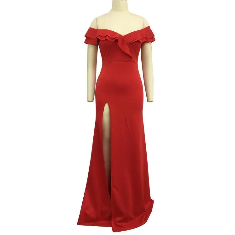 Sexy Off Shoulder Side Split Bodycon Party Maxi Dress