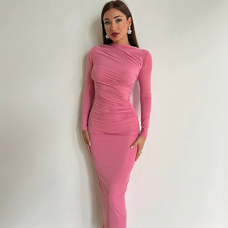 Sexy Slim Fold Split Solid Color Long Sleeve Maxi Dress