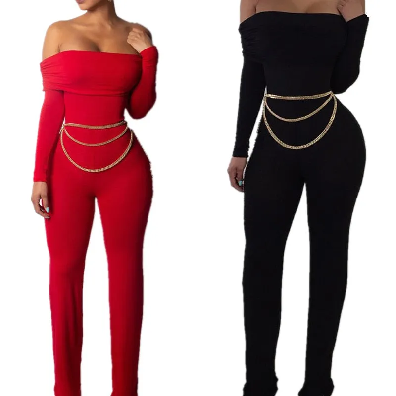 Sexy Solid Off Shoulder Long Sleeve Jumpsuit Casual Slash Neck Elegant Stacking Slim Women Autumn Winter Bodycon Romper Playsuit