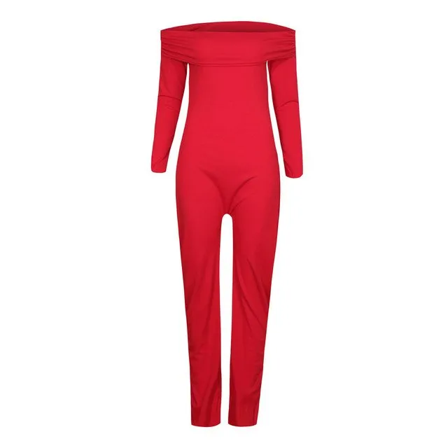 Sexy Solid Off Shoulder Long Sleeve Jumpsuit Casual Slash Neck Elegant Stacking Slim Women Autumn Winter Bodycon Romper Playsuit