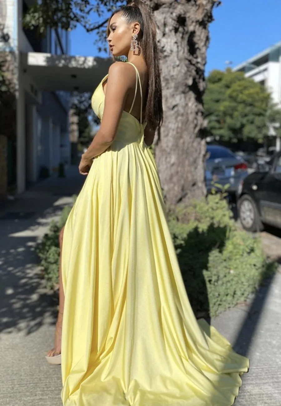 Sexy V Neck Backless Yellow Long Prom with Split, Backless Yellow Formal, Yellow Graduation Evening