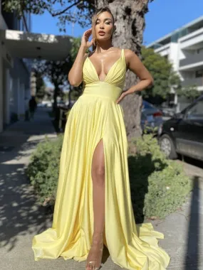 Sexy V Neck Backless Yellow Long Prom with Split, Backless Yellow Formal, Yellow Graduation Evening