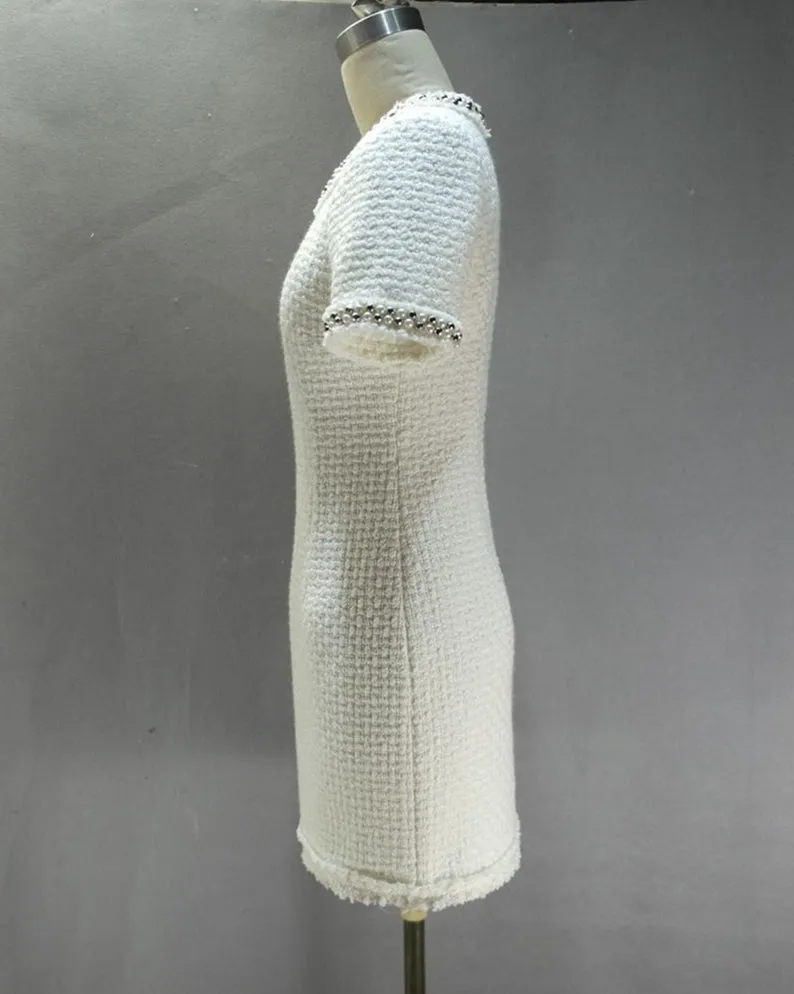 Sheath Custom Made Pearls White WOOL Tweed Dress