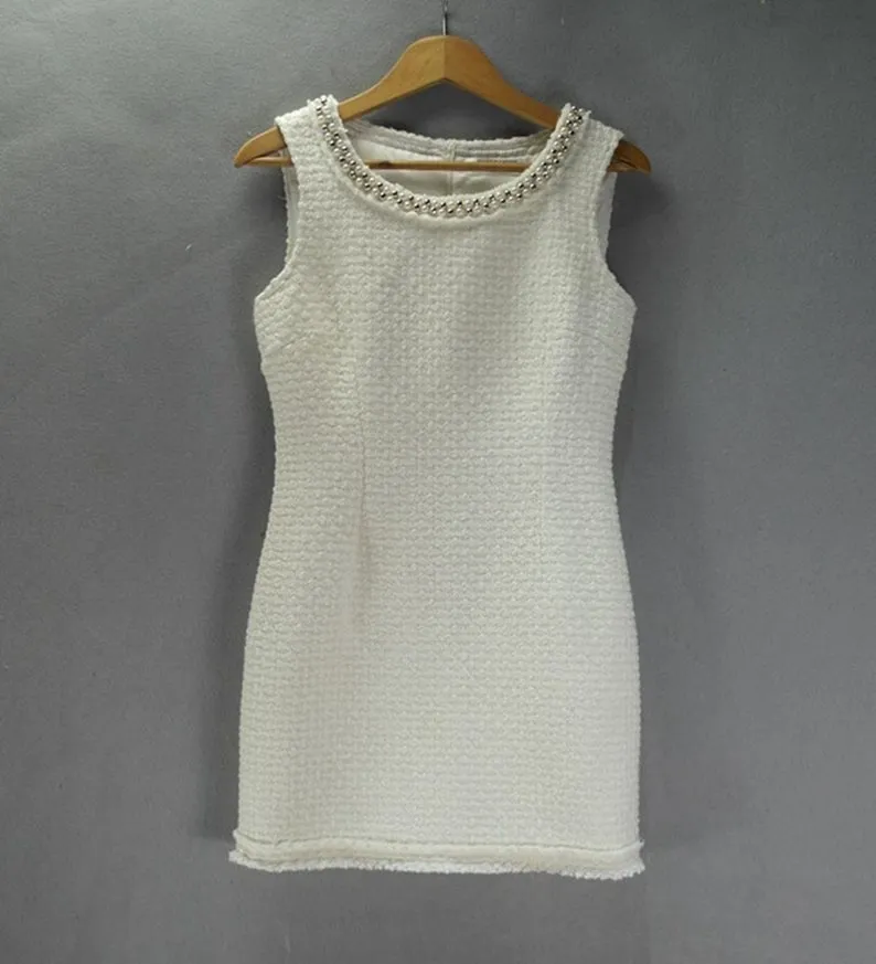 Sheath Custom Made Pearls White WOOL Tweed Dress