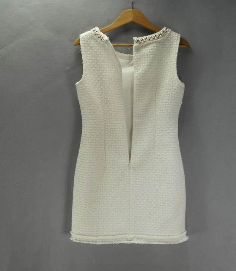 Sheath Custom Made Pearls White WOOL Tweed Dress