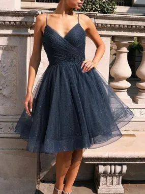 Shiny A Line V Neck Dark Blue Short Prom, V Neck Dark Navy Blue Formal Graduation Homecoming