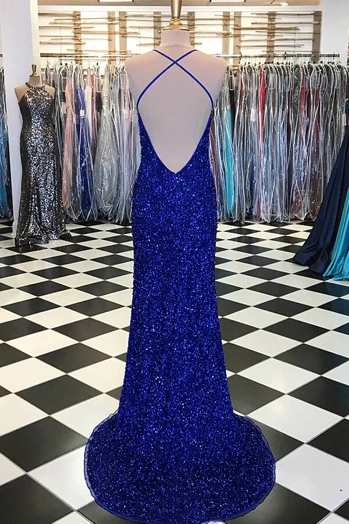 Shiny Blue Sequins Mermaid Backless Long Prom Dress with High Slit, Mermaid Blue Formal Dress, Blue Evening Dress A1423