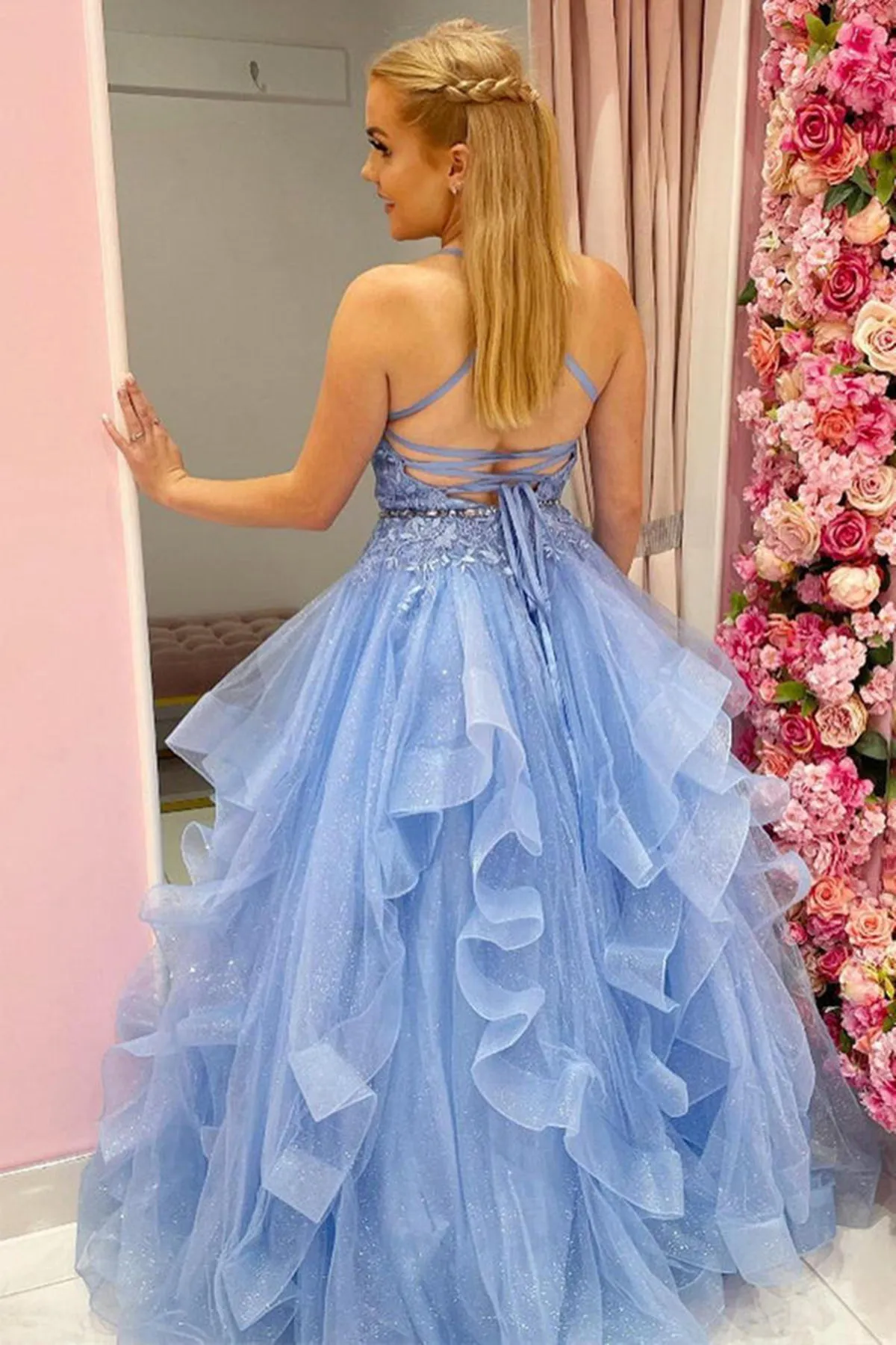 Shiny Tulle V Neck Backless Light Blue Lace Long Prom Dress, Light Blue Lace Formal Dress, Light Blue Evening Dress A1408