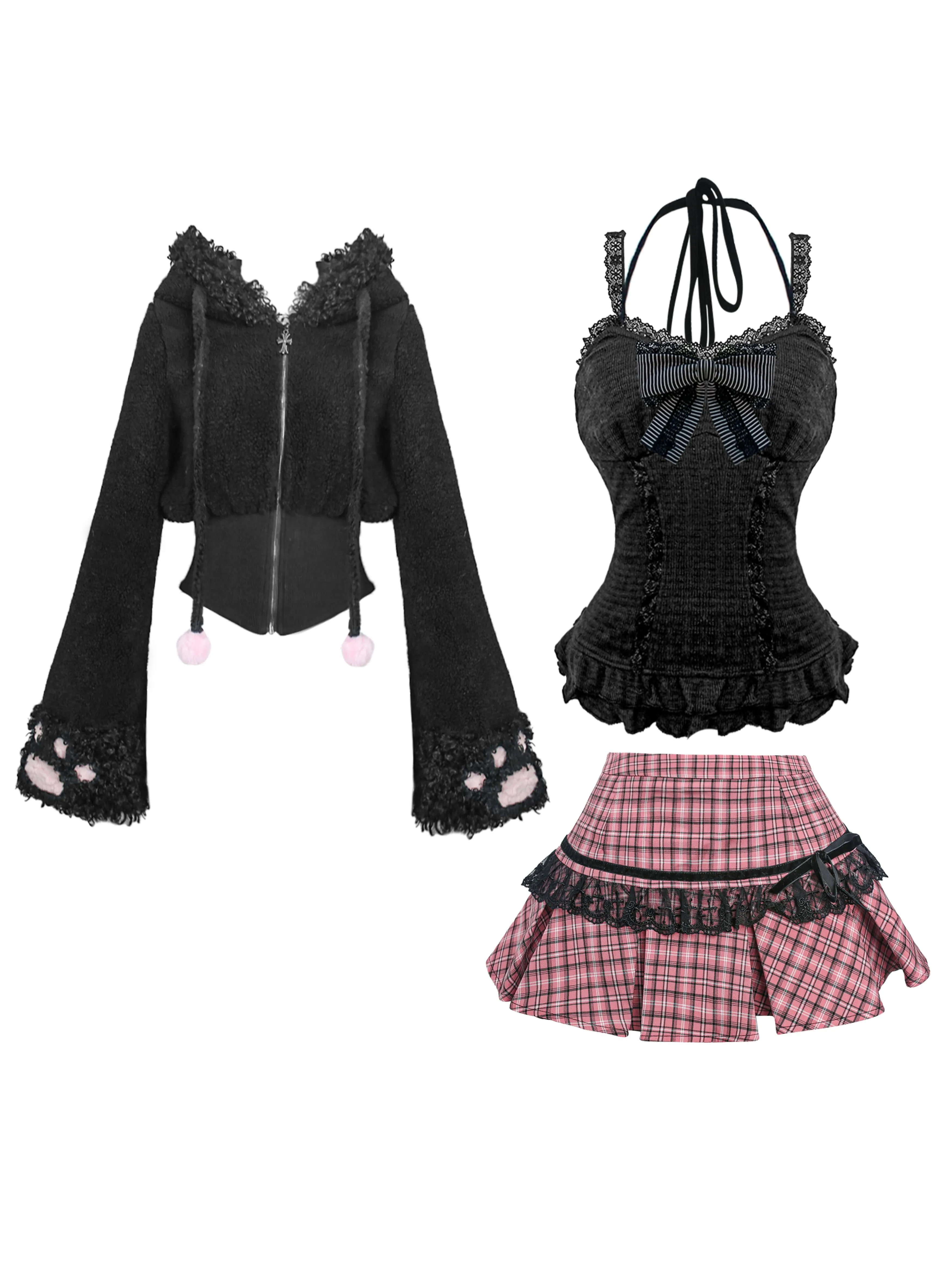 Short lamb wool coat   pink plaid pleated skirt   black lace sling