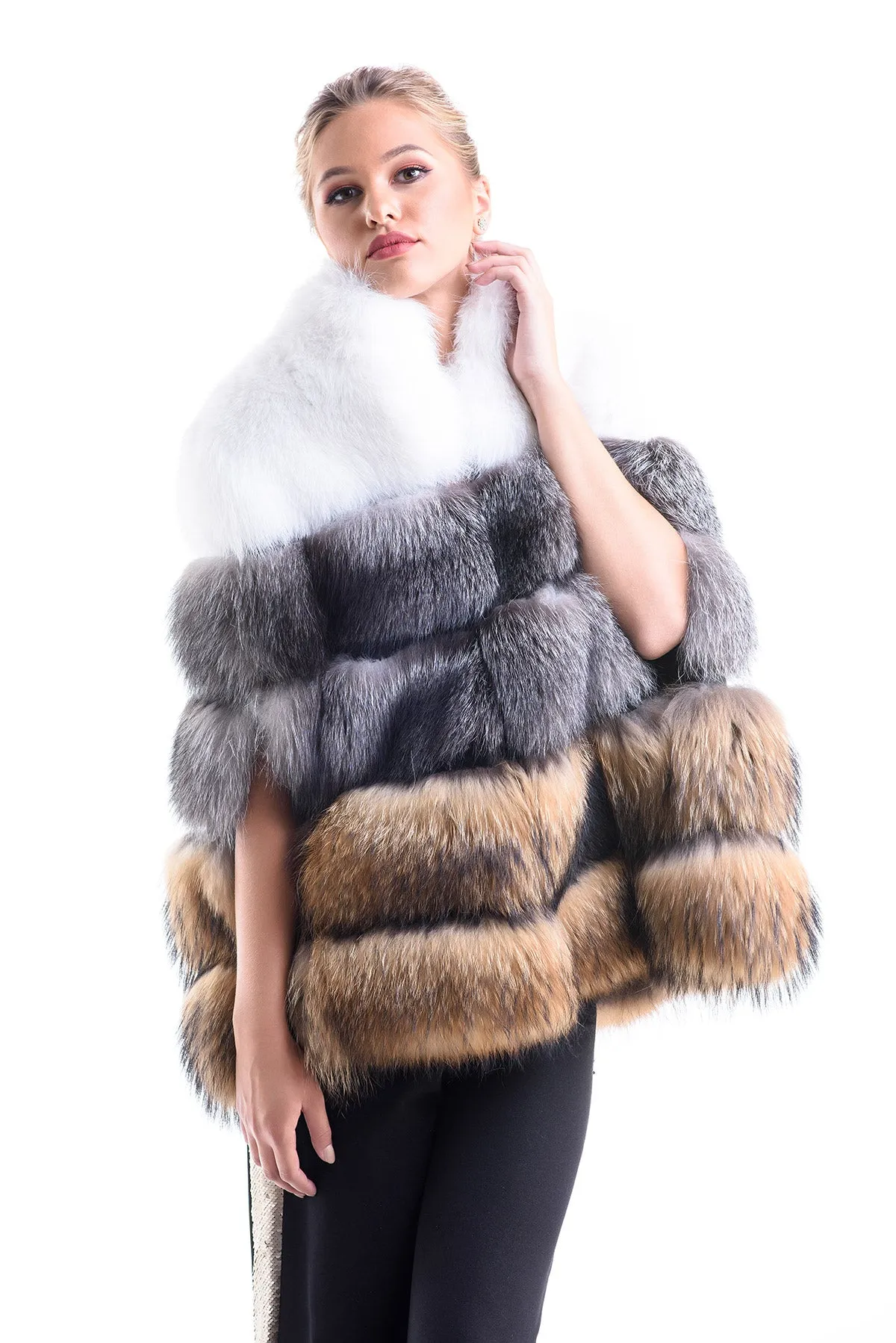 Silver Cape Style Genuine Raccoon and Arctic Fox Fur Vest