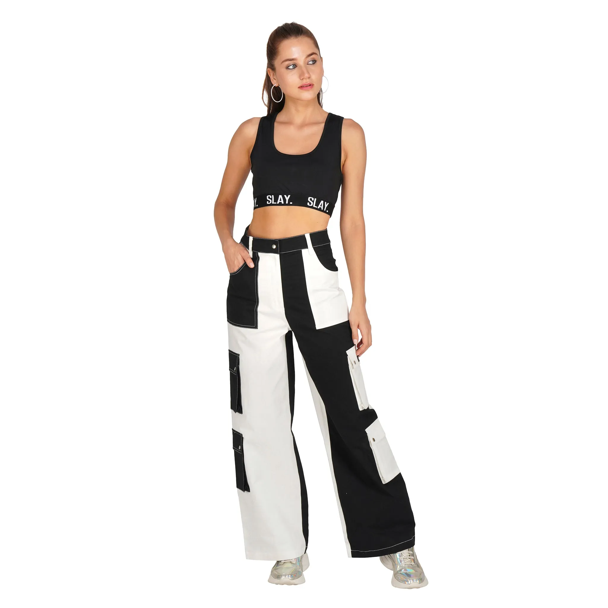 SLAY. Women's Black & White Colorblock Baggy Jeans