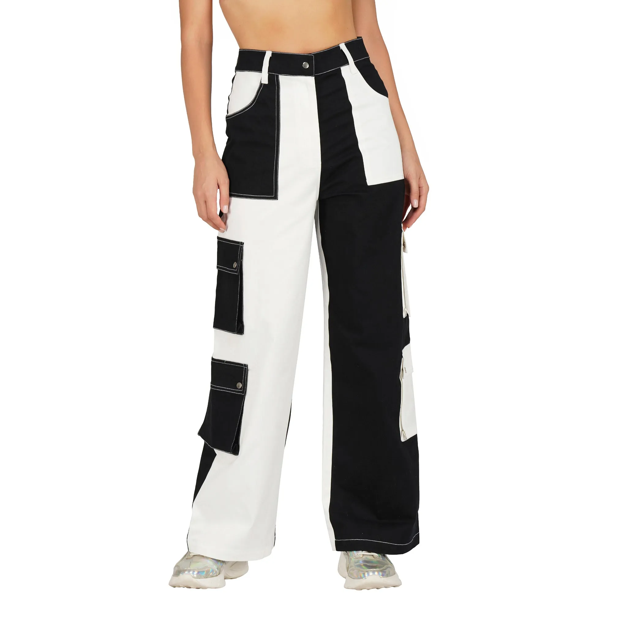 SLAY. Women's Black & White Colorblock Baggy Jeans