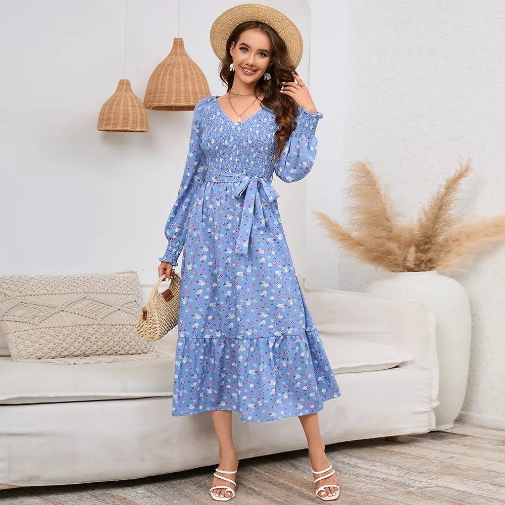 Slim-fit Flared Long Sleeve V-neck Floral Maxi Dress