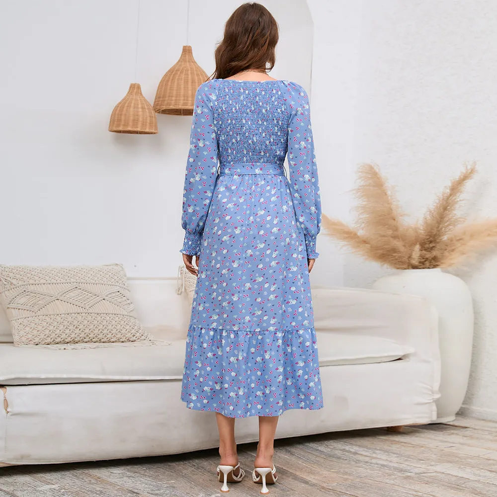 Slim-fit Flared Long Sleeve V-neck Floral Maxi Dress