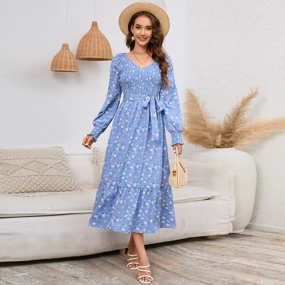 Slim-fit Flared Long Sleeve V-neck Floral Maxi Dress